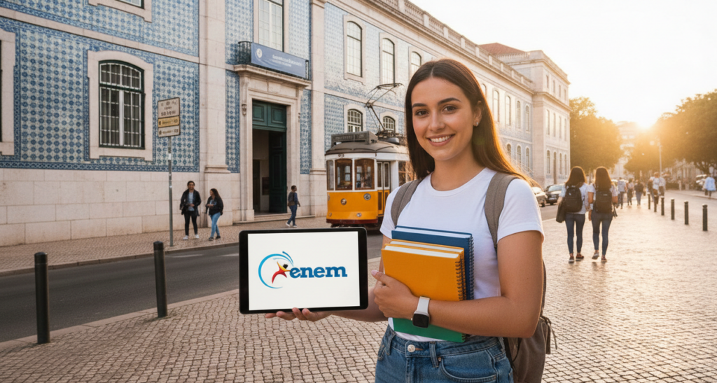 Estudantes de medicina em universidade portuguesa analisando candidatura com nota do ENEM.