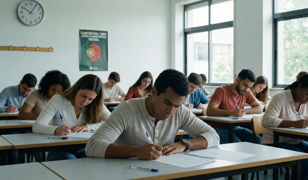 Infográfico comparativo entre a nota do ENEM e exames nacionais para ingresso em faculdades de Portugal.